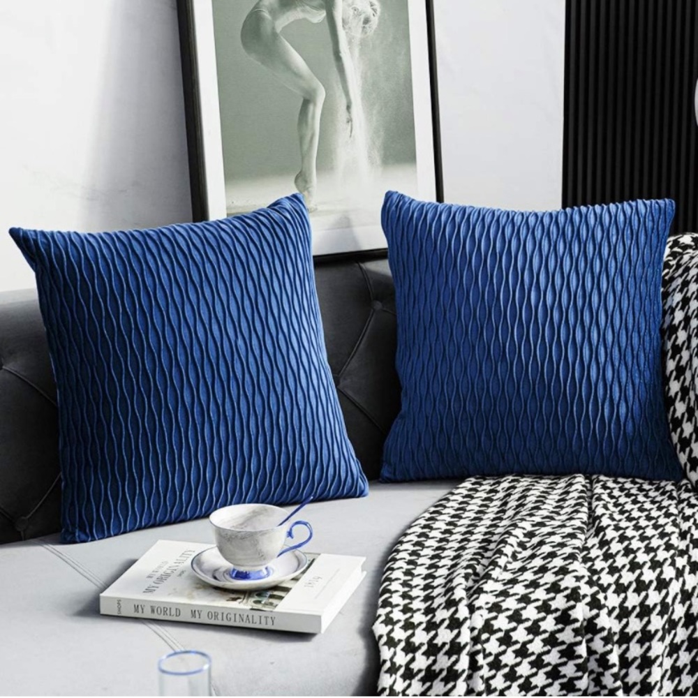 DEZENE 18x18 Teal Throw Pillow Cases: 2 Pack Original Striped Velvet Square